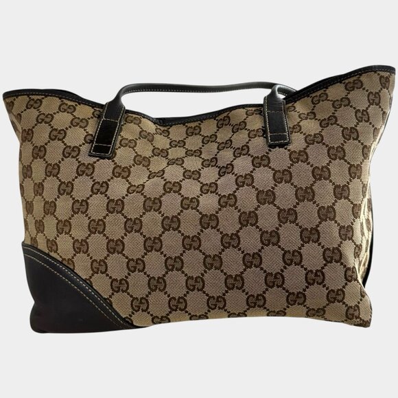Gucci Abbey GG Canvas Beige Brown Genuine Leather Tote Shoulder Bag Gold Logo - Picture 4 of 13